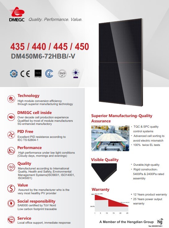 Dmegc 430W 440W 450W Half Cut Cells Single Glass Solar PV Panels