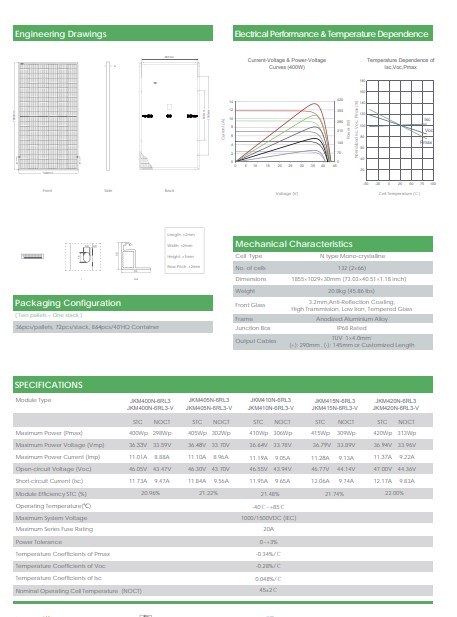 Jinko425W 430W 440W 445W 445W Single Crystal Solar Panels Solar Storage