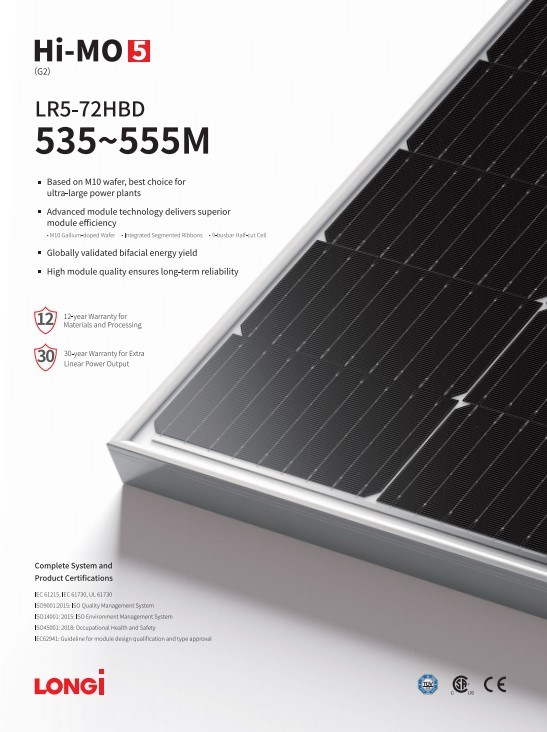 Perc Monocrystalline Modules Longi Ja Double Glass Bifacial 540W 550W Solar Panel