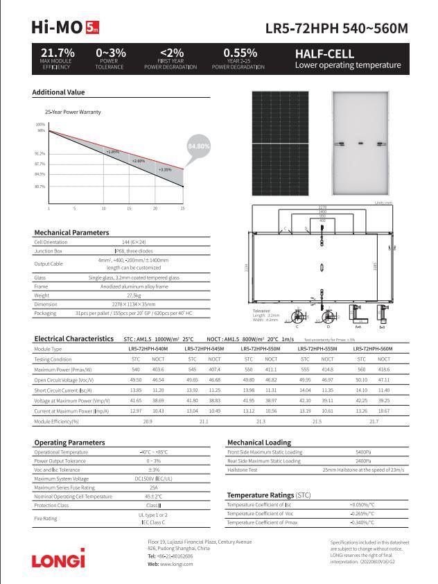 Longi/Ja/Jinko/Trina/Canadian/Mono PV Poly Photovoltaic 144 Half Cells Solar Panels 550W540W 545W 555W in Stock
