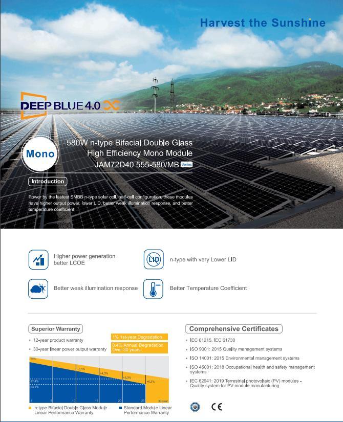 Ja High Module Efficiency Deep Blue 555/560/565/570/575/580W Bifacial Double Glass Mono/Polycrystalline Solar Panel