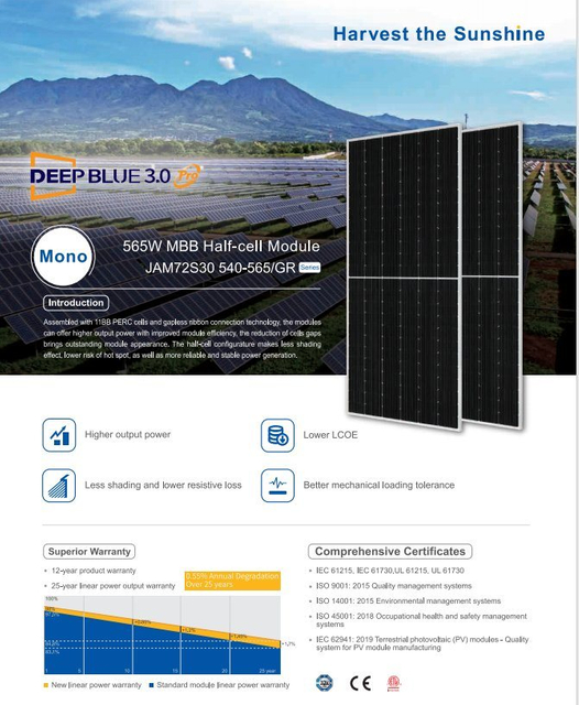 Ja a-Class 545-560W Solar Photovoltaic Panel Single-Glass Single-Sided Solar Power Generation System Solar Modules