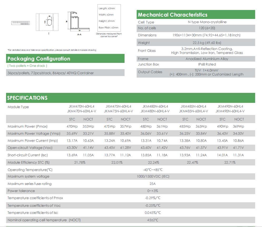 Jinko N-Type Mono Facial Solar PV 470W475W480W485W490W Solar Energy Panel for Solar System
