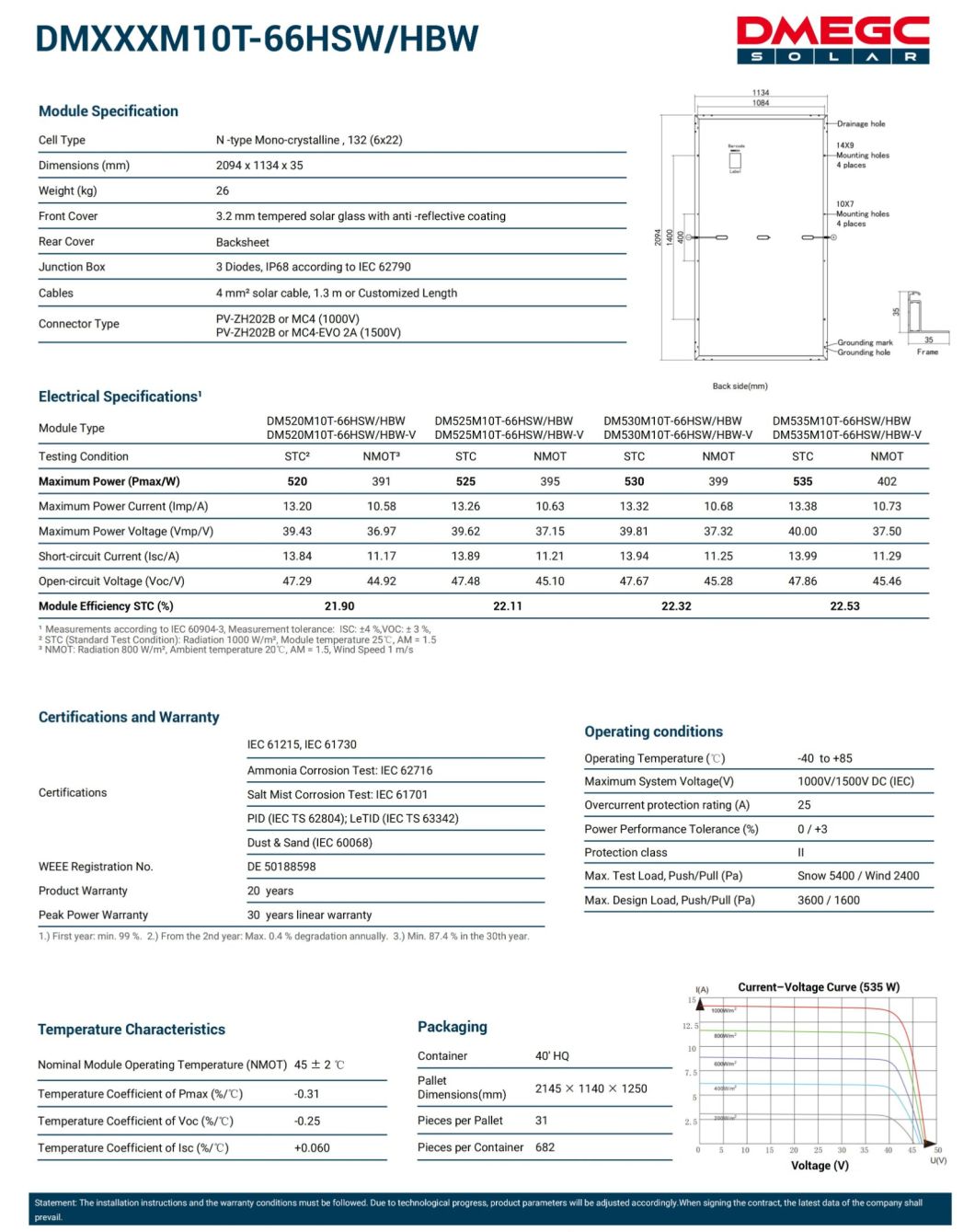 Dmegc N-Type 520W 525W 530W 535W Solar Panel for South America Europe Market