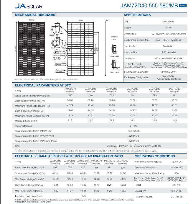 Ja High Module Efficiency Deep Blue 555/560/565/570/575/580W Bifacial Double Glass Mono/Polycrystalline Solar Panel