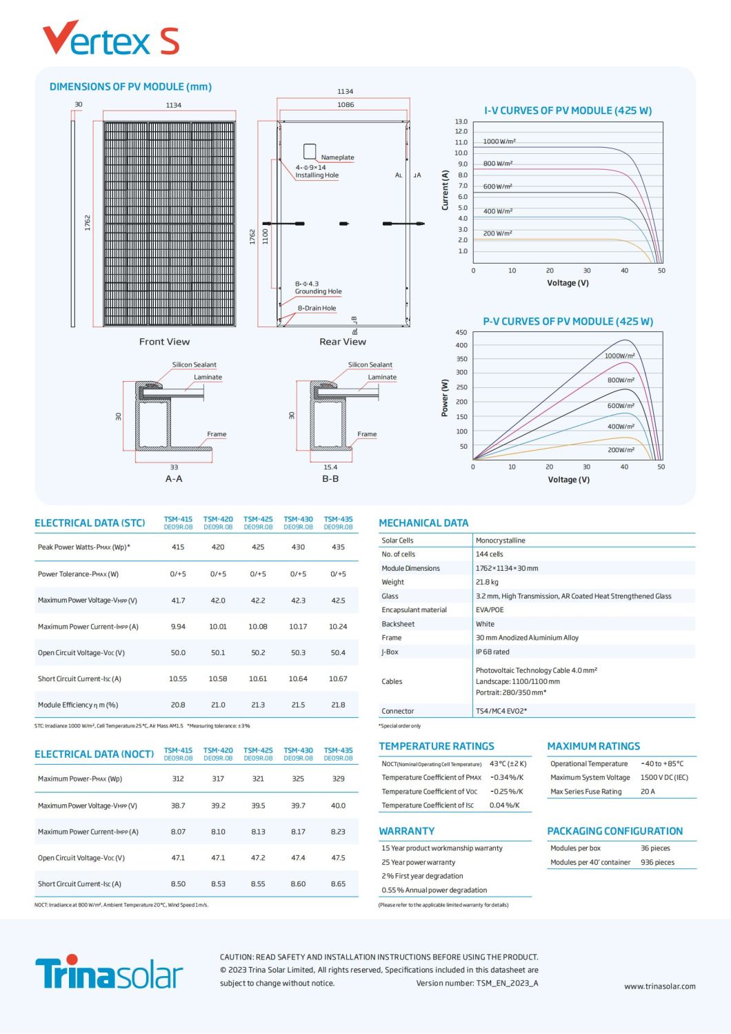 Trina Tsm-De09r 415W420W425W430W435W Mono Module Solar Panel for Solar System