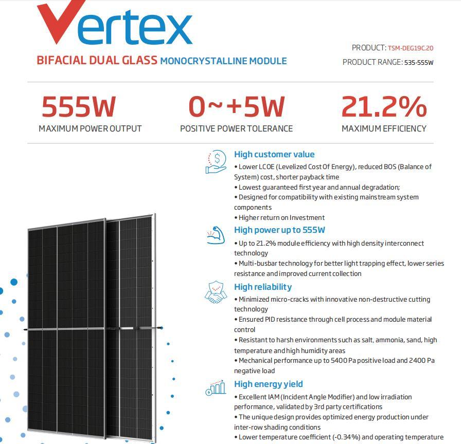 Tire 1 Brand Trina 535W540W545W550W555W Bifacial Dual Glass Mono Solar Panel