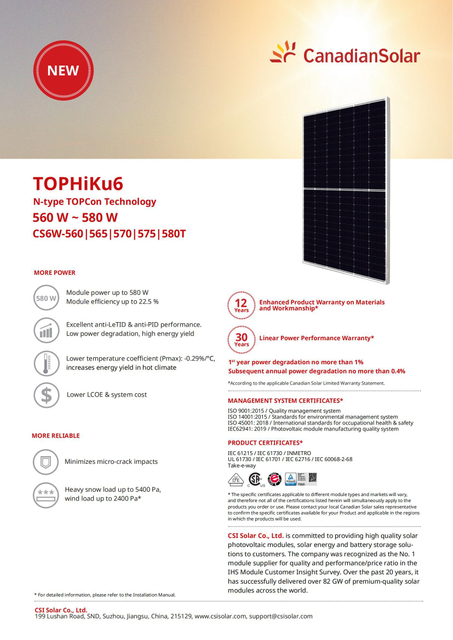 Tier 1 Canadian N Type 565W 570W 575W Solar Panel for Home with SGS (COC PSI)