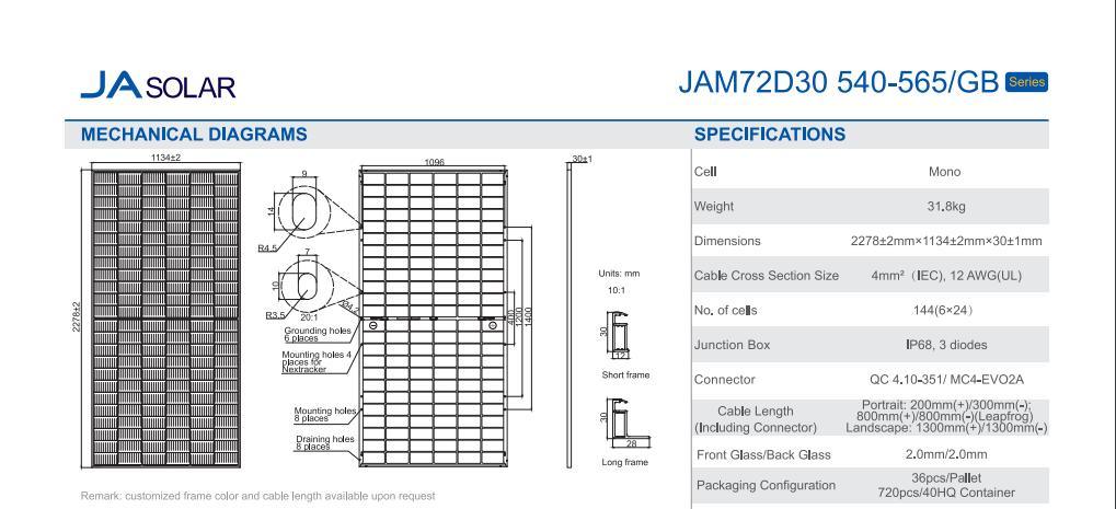 Ja 540/545/550/555/560/565W Bifacial Double Glass High Efficiency Mono Solar Panel China
