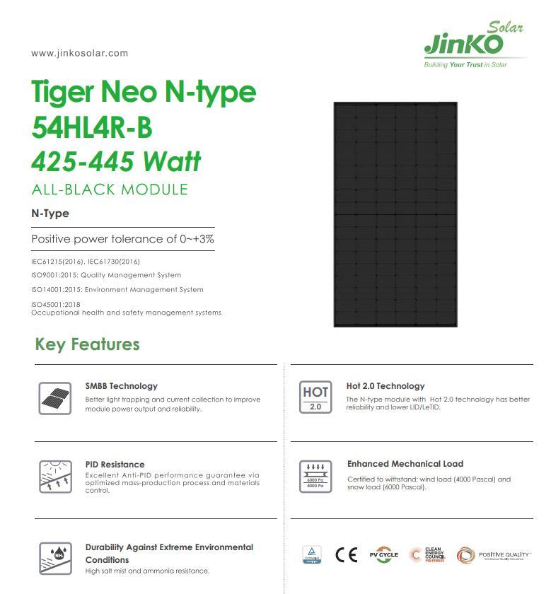 Jinko Tiger Neo N-Type 108cell Mono Facial Module 425/430/435/440/445/450W Solar Panel 30year Warranty