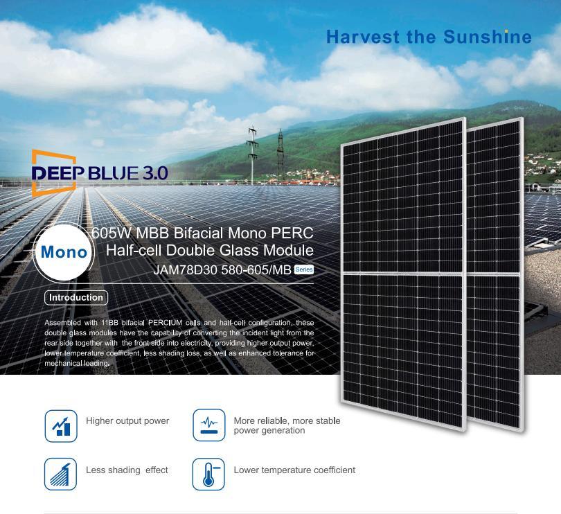 Ja N-Type Bifacial Double Glass High Efficiency Mono Module 580/585/590/595/600/605W Solar Panel