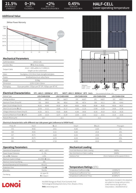 Longi Solar Panels Half Cells with TUV/CE Certification 535W 540W 545W 550W Bifacial Solar Panels