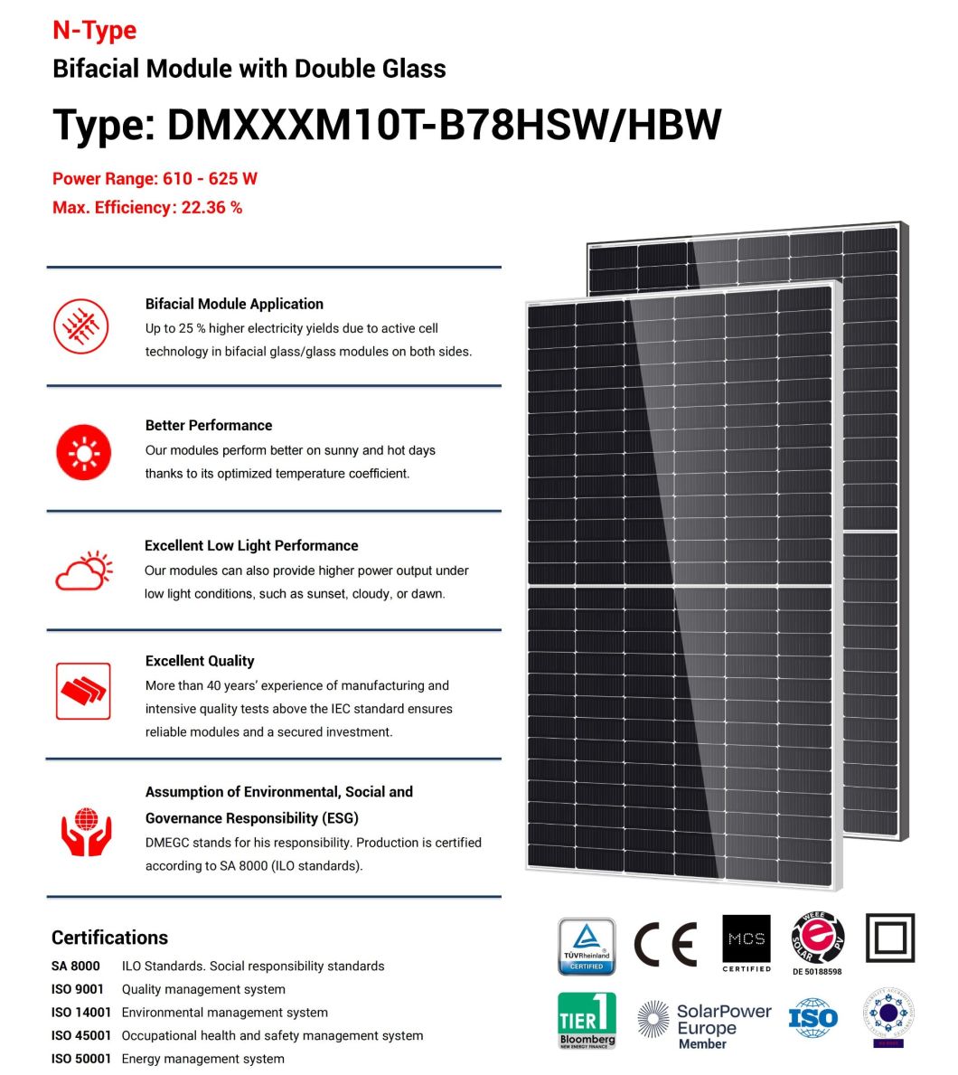 Tier 1 China Dmegc 610W 615W 620W 625W Black Frame Panneau Solaire Solar Panels