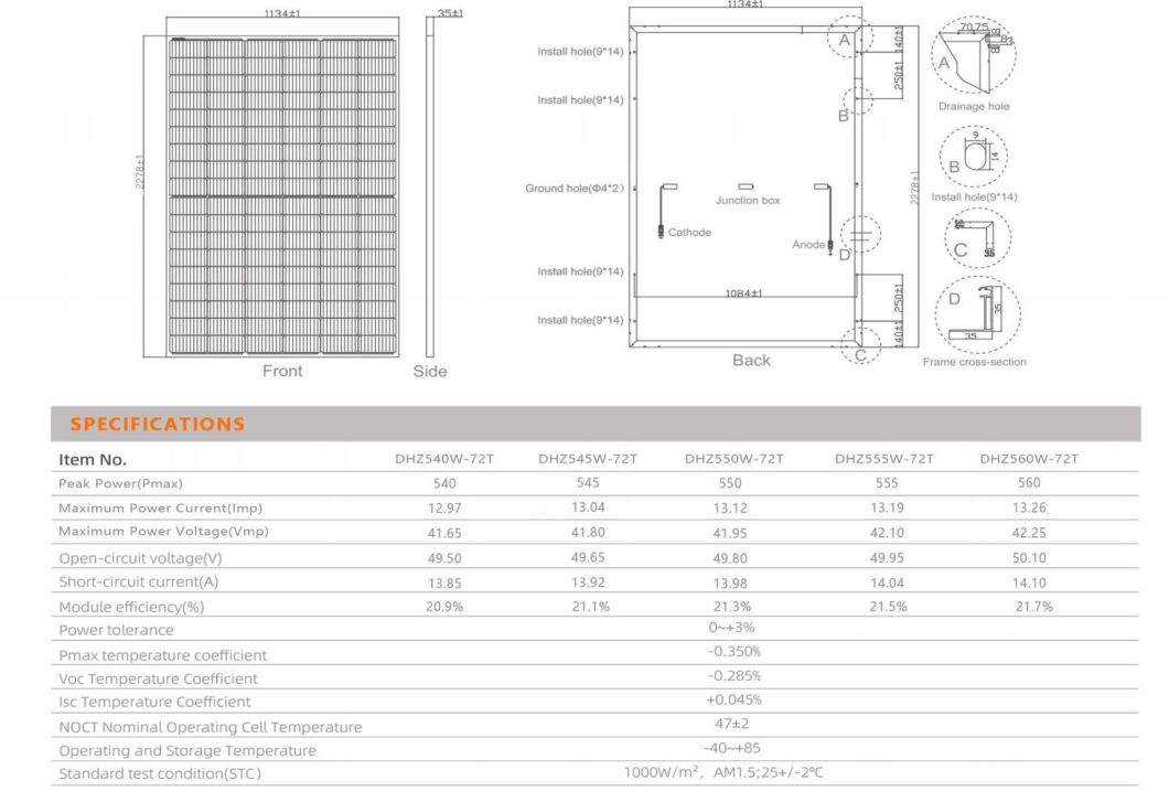 Home Commercial Dinghui 540W545W550W555W560W Solar Panel for Solar PV System