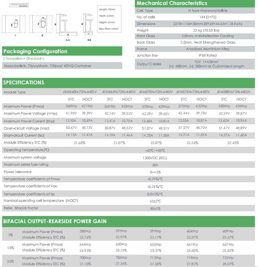 Jinko N-Type Bifacial Module Panel 560W/565W/570W/575W/580W Solar Panel for Solar PV System