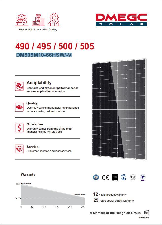 500W Dmegc Mono Solar Module 490W495W505W High Quality PV P-Type Solar Panel for Home