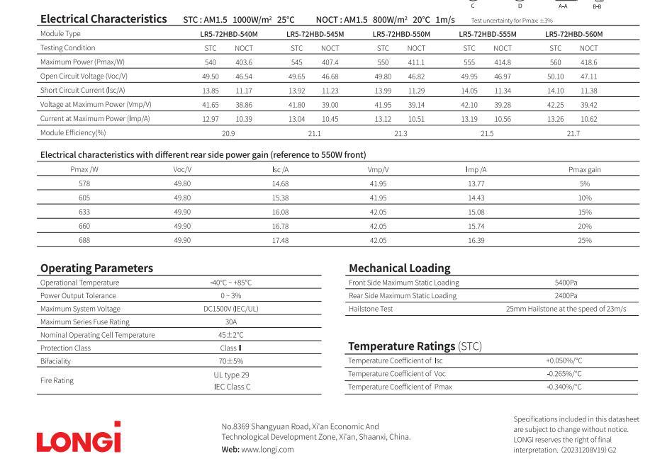 Longi High Quality Mono Module Price Power 540W545W550W555W560W Bifacial Dual Solar Panel