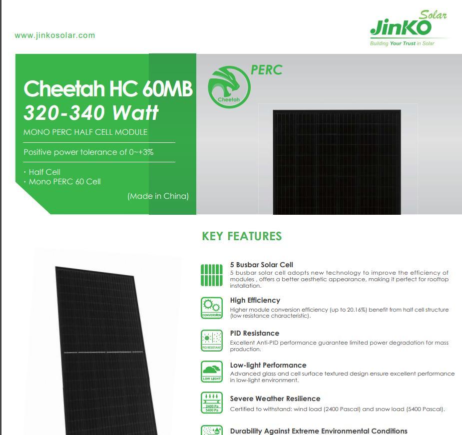 Jinko 320/325/330/335/340W Small Size Half Cell Mono Perc 60cell Solar Panel Home Use