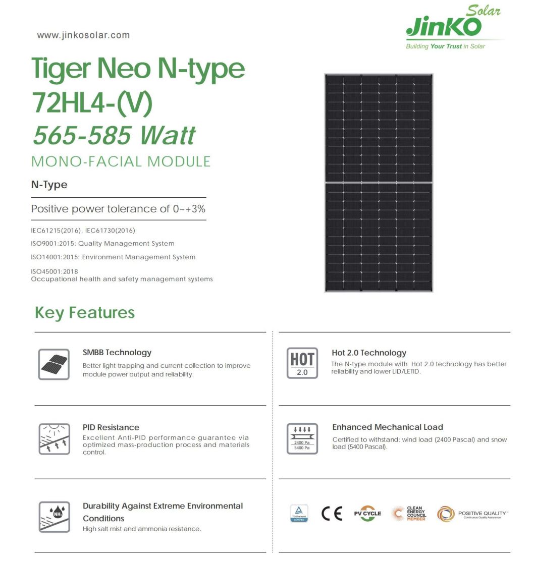 Hot Sale N Type Jinko Solar Panel 560W 565W 570W 575W 580W 585W in Stock