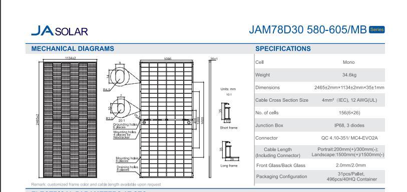 Ja N-Type Bifacial Double Glass High Efficiency Mono Module 580/585/590/595/600/605W Solar Panel